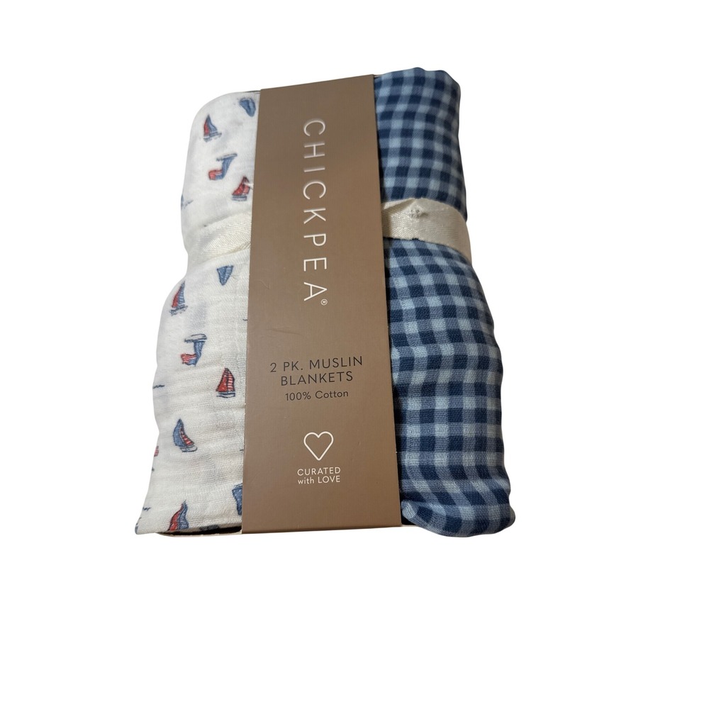 Chickpea 2 Pack Muslin Swaddle Blankets Cotton Sailboat Blue Gingham BE2000090